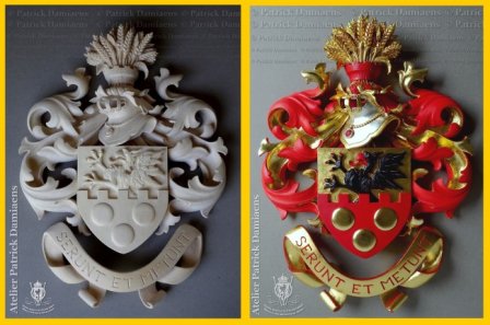 Blason-armoiries de famille Vergeylen en bois sculpté, Belgique.