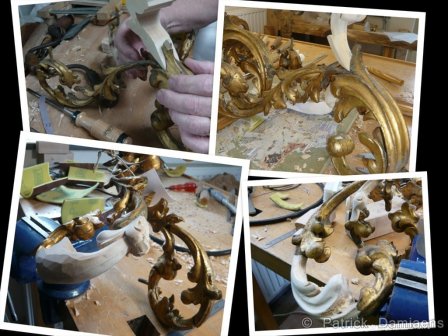 Restauration d'ornements et de sculptures sur bois | Lustre en bois et doré